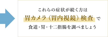 これらの症状が続く方は 胃カメラ（胃内視鏡）検査 で 食道・胃・十二指腸を調べましょう